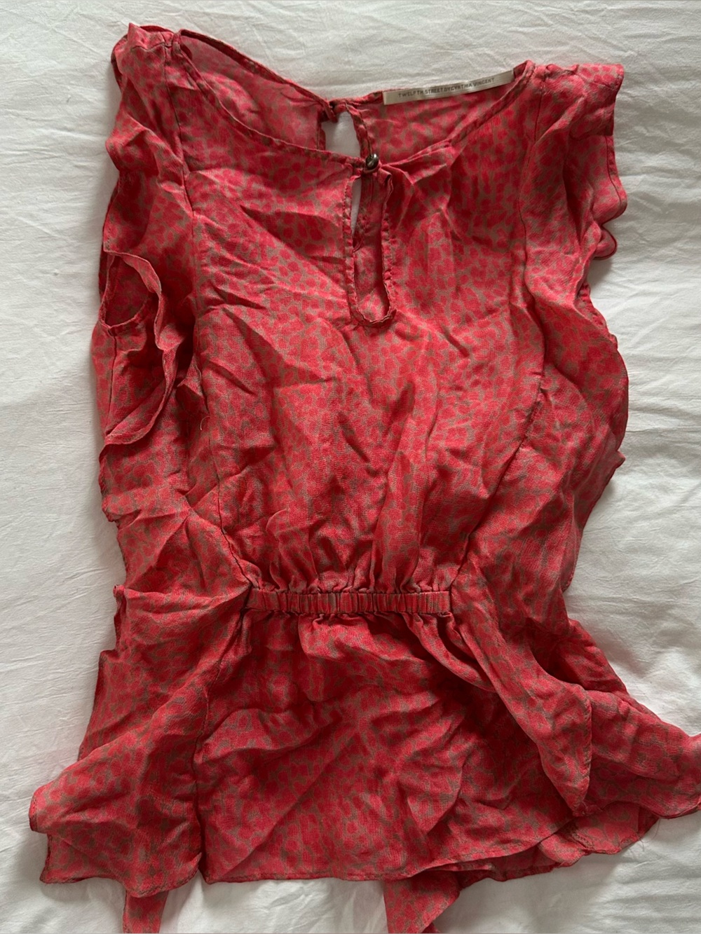 Twelfth Street by Cynthia Vincent Coral Pink Printed Ruffle Waist Blouse